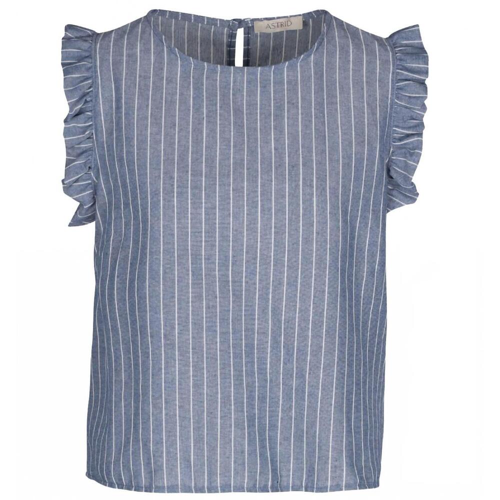 NEW ASTRID women's wonderland stripe ruffle sleeve top in blue stripe